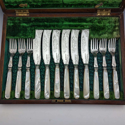Late 19th Century British Antique White Pearl Shell Handle Sterling Silver Blade Fish Cutlery 6 Pair Set in Wooden Box