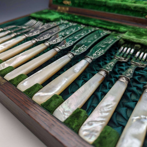 Late 19th Century British Antique White Pearl Shell Handle Sterling Silver Blade Fish Cutlery 6 Pair Set in Wooden Box