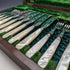 Late 19th Century British Antique White Pearl Shell Handle Sterling Silver Blade Fish Cutlery 6 Pair Set in Wooden Box