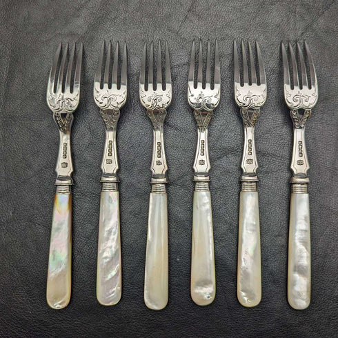 Late 19th Century British Antique White Pearl Shell Handle Sterling Silver Blade Fish Cutlery 6 Pair Set in Wooden Box