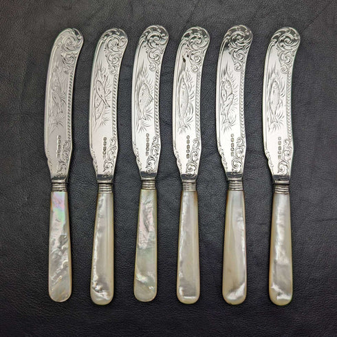 Late 19th Century British Antique White Pearl Shell Handle Sterling Silver Blade Fish Cutlery 6 Pair Set in Wooden Box
