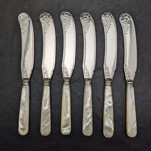 Late 19th Century British Antique White Pearl Shell Handle Sterling Silver Blade Fish Cutlery 6 Pair Set in Wooden Box