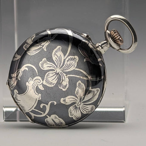 Antique Swiss made unsigned silver side niello inlaid case ladies' pocket watch works well