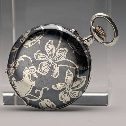 Antique Swiss made unsigned silver side niello inlaid case ladies' pocket watch works well