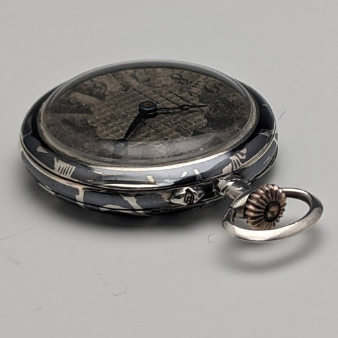 Antique Swiss made unsigned silver side niello inlaid case ladies' pocket watch works well