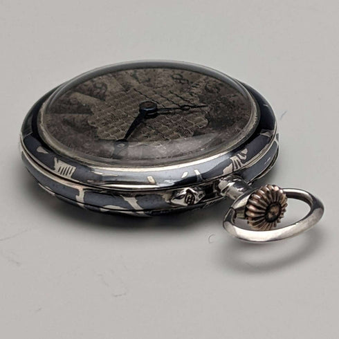Antique Swiss made unsigned silver side niello inlaid case ladies' pocket watch works well