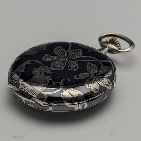 Antique Swiss made unsigned silver side niello inlaid case ladies' pocket watch works well