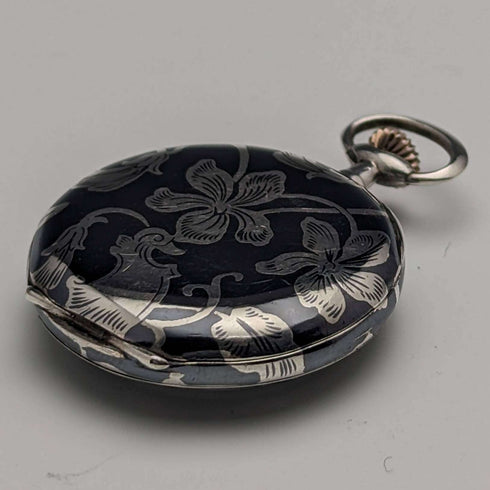 Antique Swiss made unsigned silver side niello inlaid case ladies' pocket watch works well