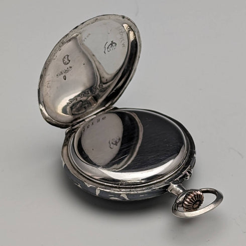Antique Swiss made unsigned silver side niello inlaid case ladies' pocket watch works well