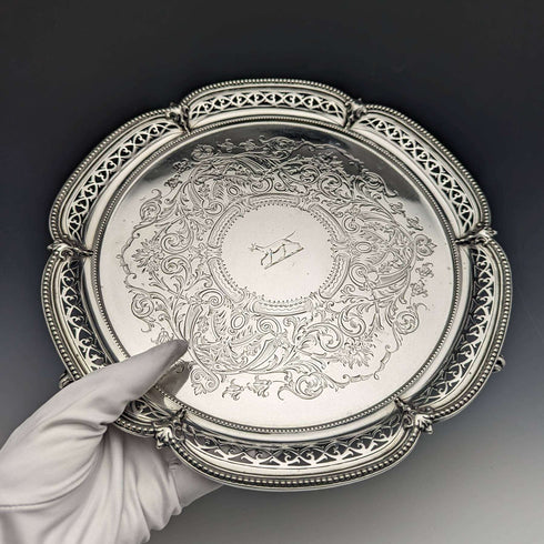 1870年 英国アンティーク 純銀製サルヴァ 直径26cm 523g Henry Holland