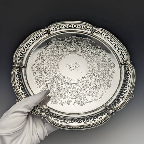 1870年 英国アンティーク 純銀製サルヴァ 直径26cm 523g Henry Holland