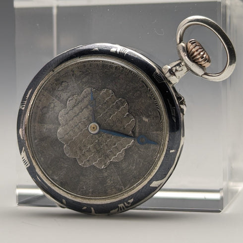 Antique Swiss made unsigned silver side niello inlaid case ladies' pocket watch works well