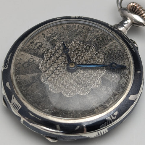 Antique Swiss made unsigned silver side niello inlaid case ladies' pocket watch works well