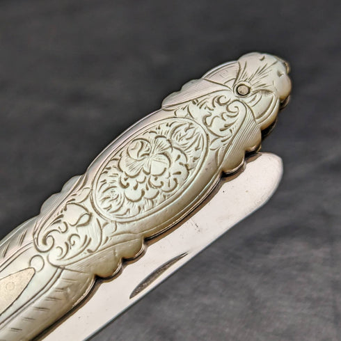 1912年 英国アンティーク 白蝶貝ハンドル 純銀ブレード 折りたたみペンナイフ