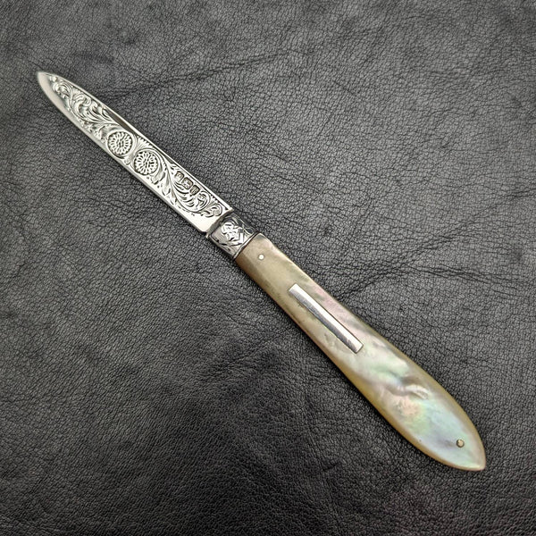 1902 British Antique White Pearl Shell Handle Pure Silver Engraving Blade Folding Pen Knife