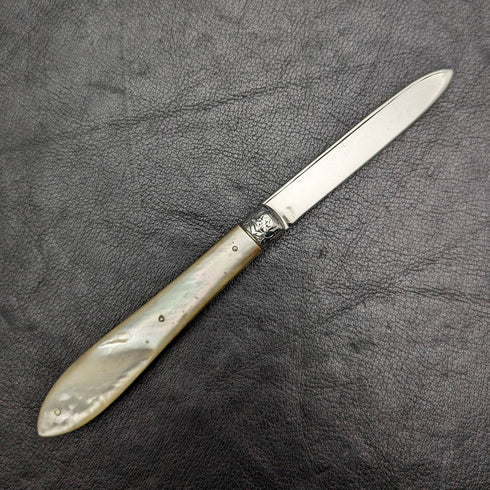 1902 British Antique White Pearl Shell Handle Pure Silver Engraving Blade Folding Pen Knife