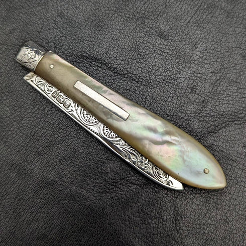 1902 British Antique White Pearl Shell Handle Pure Silver Engraving Blade Folding Pen Knife