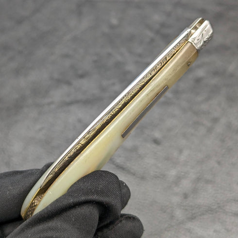 1902 British Antique White Pearl Shell Handle Pure Silver Engraving Blade Folding Pen Knife