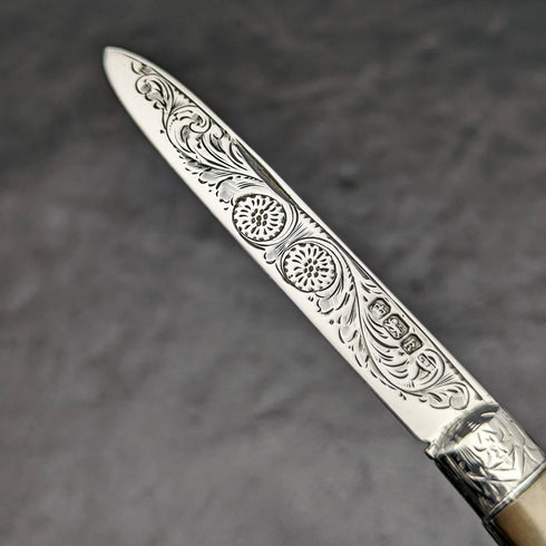 1902 British Antique White Pearl Shell Handle Pure Silver Engraving Blade Folding Pen Knife