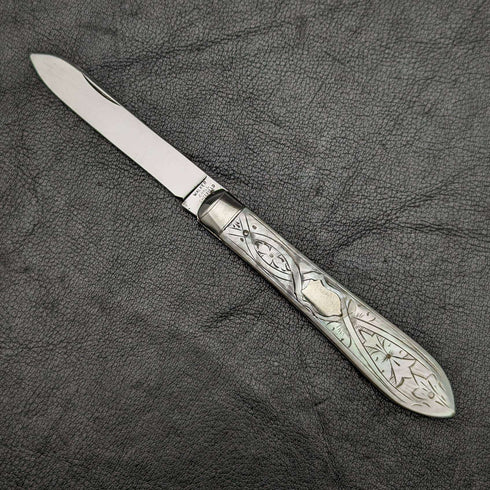 Cuchillo de frutas plegable, antiguo británico, con mango de nácar y hoja de acero inoxidable