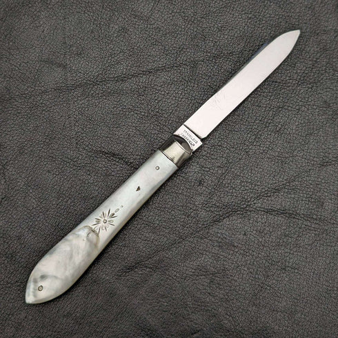 Cuchillo de frutas plegable, antiguo británico, con mango de nácar y hoja de acero inoxidable