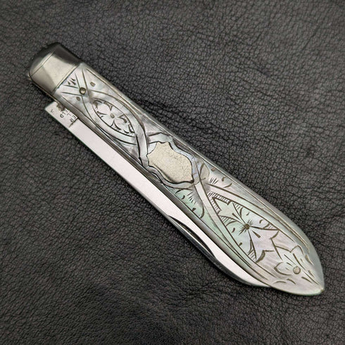 Cuchillo de frutas plegable, antiguo británico, con mango de nácar y hoja de acero inoxidable