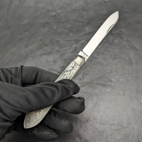 Cuchillo de frutas plegable, antiguo británico, con mango de nácar y hoja de acero inoxidable