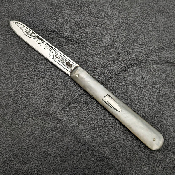 1924 年英國古董白珍珠貝殼手柄純銀雕刻刀片折疊筆刀