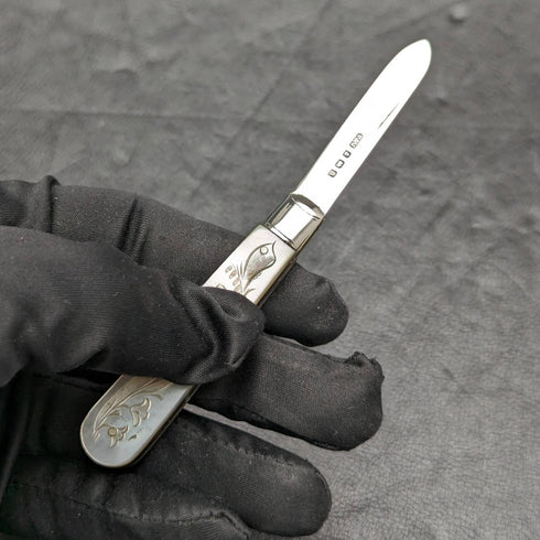 1926年 英国ヴィンテージ 白蝶貝ハンドル 純銀ブレード 折りたたみペンナイフ