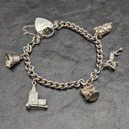 British vintage sterling silver charm bracelet 28g