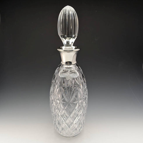 1977年 英国ヴィンテージ カットガラス オーバル型デキャンタ 純銀装飾 1750g