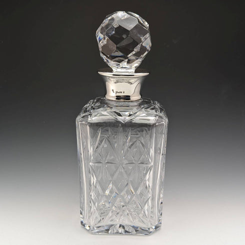 1977年 英国ヴィンテージ カットガラス 角型デキャンタ 純銀装飾 2000g