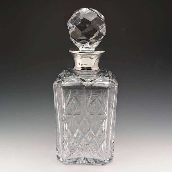 1977 British Vintage Cut Glass Square Decanter Pure Silver Decoration 2000g