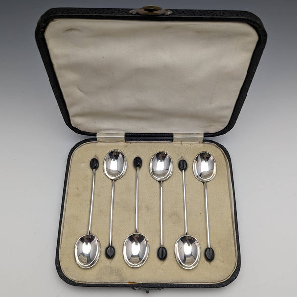 British vintage silver plated demitasse spoon set of 6 in a case