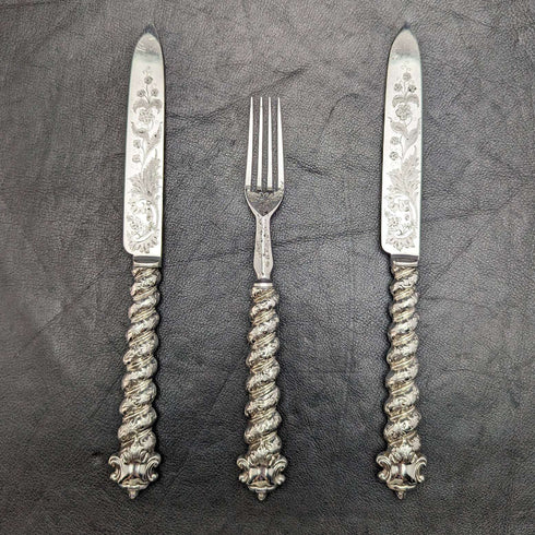 British Antique Solid Silver Handle Cutlery (Knife x2 Fork x1) MARTIN HALL