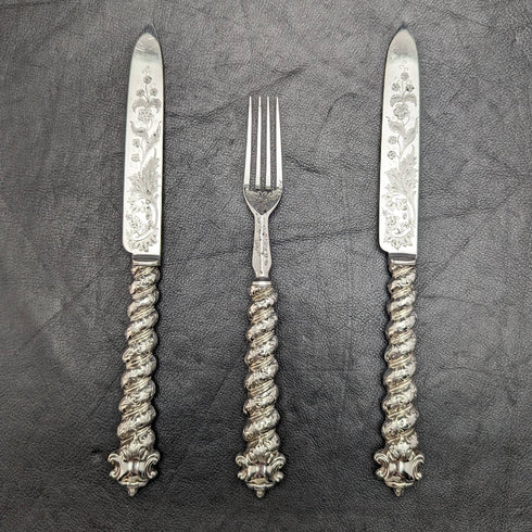 英国アンティーク ソリッドシルバーハンドル カトラリー(ナイフx2 フォークx1) MARTIN HALL