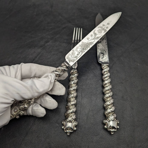 英国アンティーク ソリッドシルバーハンドル カトラリー(ナイフx2 フォークx1) MARTIN HALL