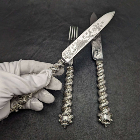 British Antique Solid Silver Handle Cutlery (Knife x2 Fork x1) MARTIN HALL