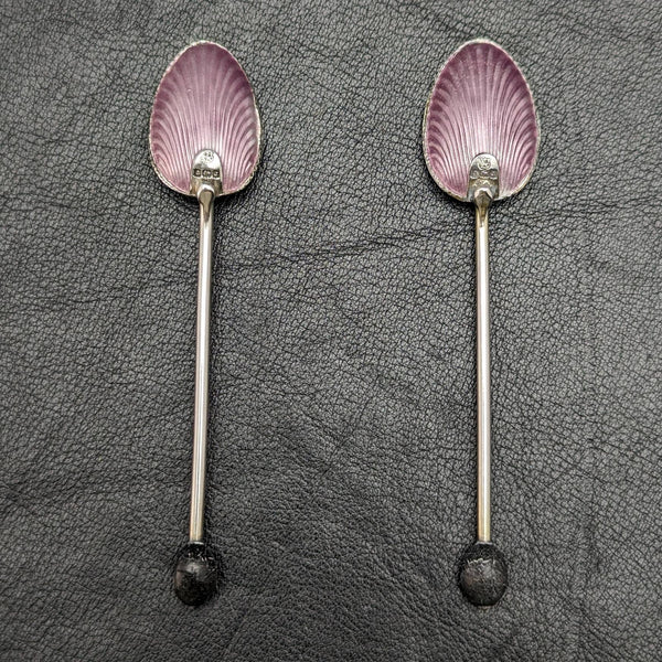 1933 British vintage pair of sterling silver demitasse spoons with enamel decoration