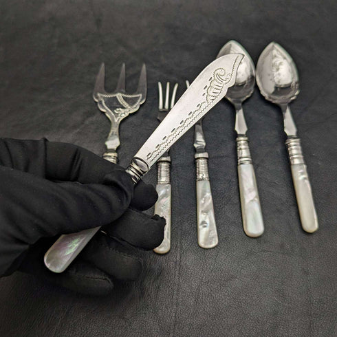 英國復古銀盤甜點餐具套裝白色蝴蝶貝殼手柄