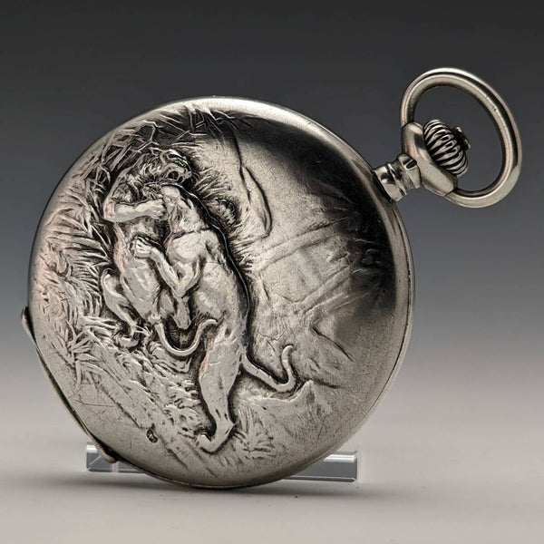 1910 年左右古董 Ulysse Nardin 懷錶野獸雕刻銀質獵人錶殼做工精良