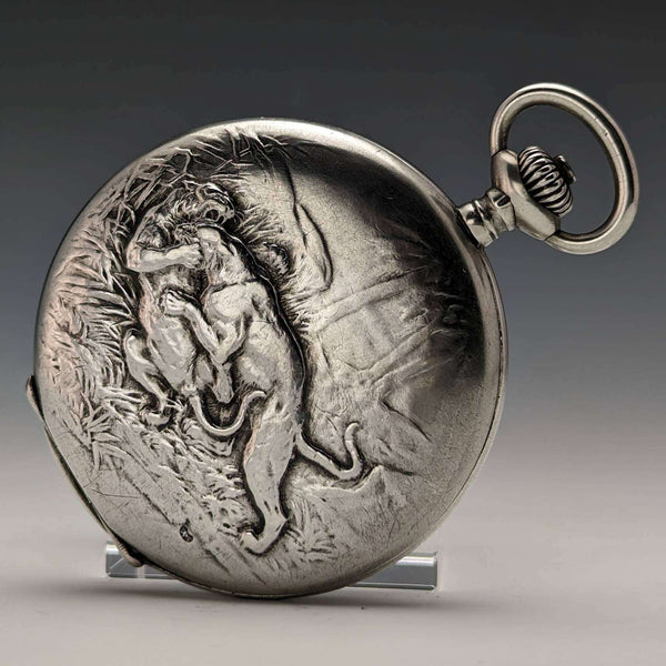 1910 年左右古董 Ulysse Nardin 懷錶野獸雕刻銀質獵人錶殼做工精良
