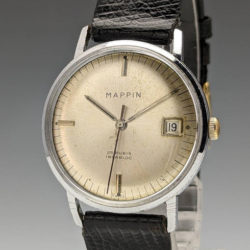 英國 Vintage MAPPIN 自動上鍊手錶 3 指針日曆金屬外殼操作良好