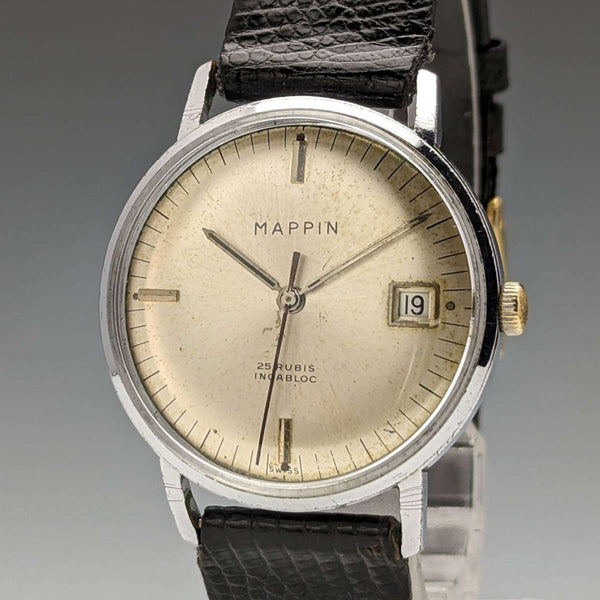 英國 Vintage MAPPIN 自動上鍊手錶 3 指針日曆金屬外殼操作良好