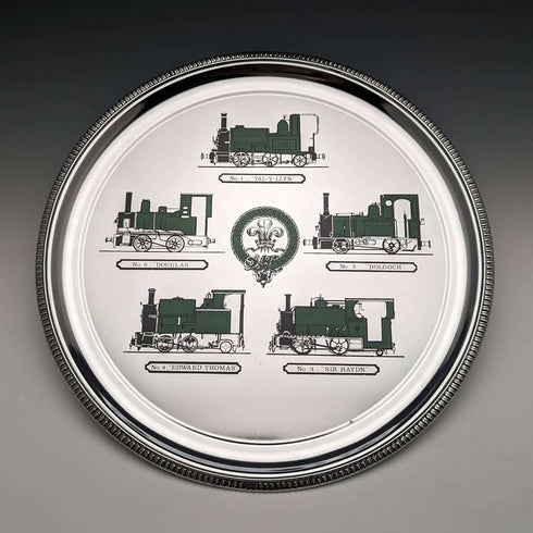 British Vintage Chrome Plate Tray Locomotive Design Diameter 30cm