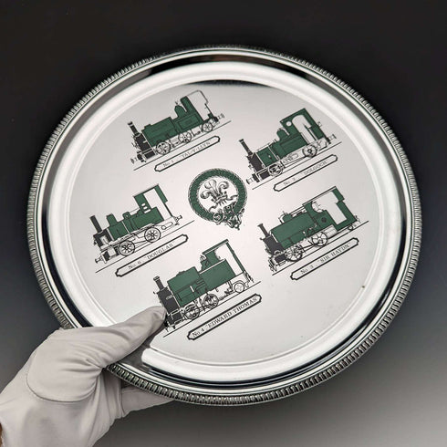 British Vintage Chrome Plate Tray Locomotive Design Diameter 30cm
