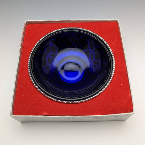 British vintage silver plate dish with blue glass liner