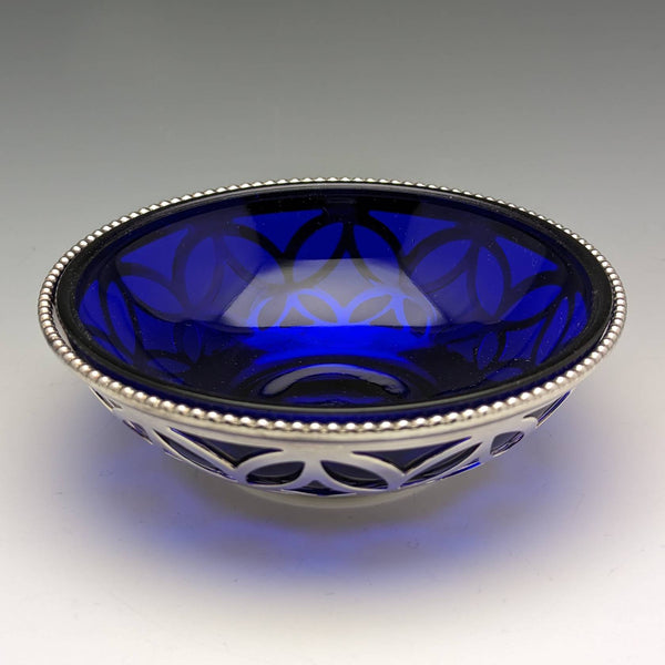 British vintage silver plate dish with blue glass liner