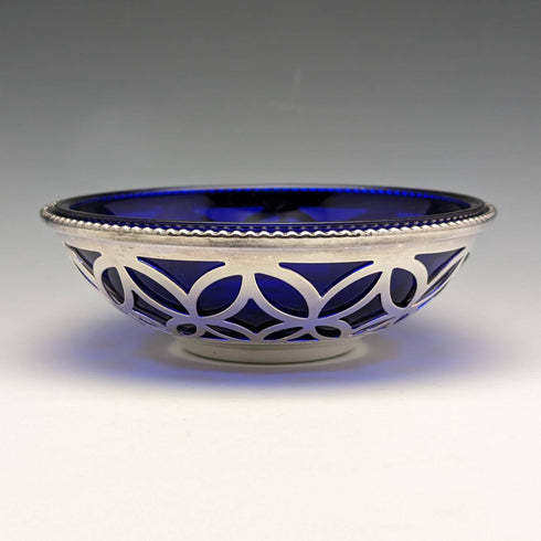 British vintage silver plate dish with blue glass liner