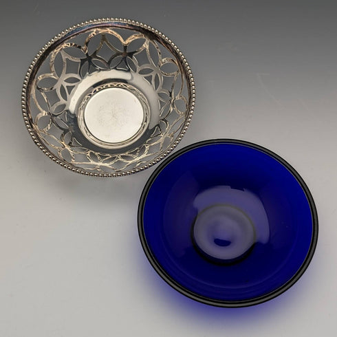 British vintage silver plate dish with blue glass liner